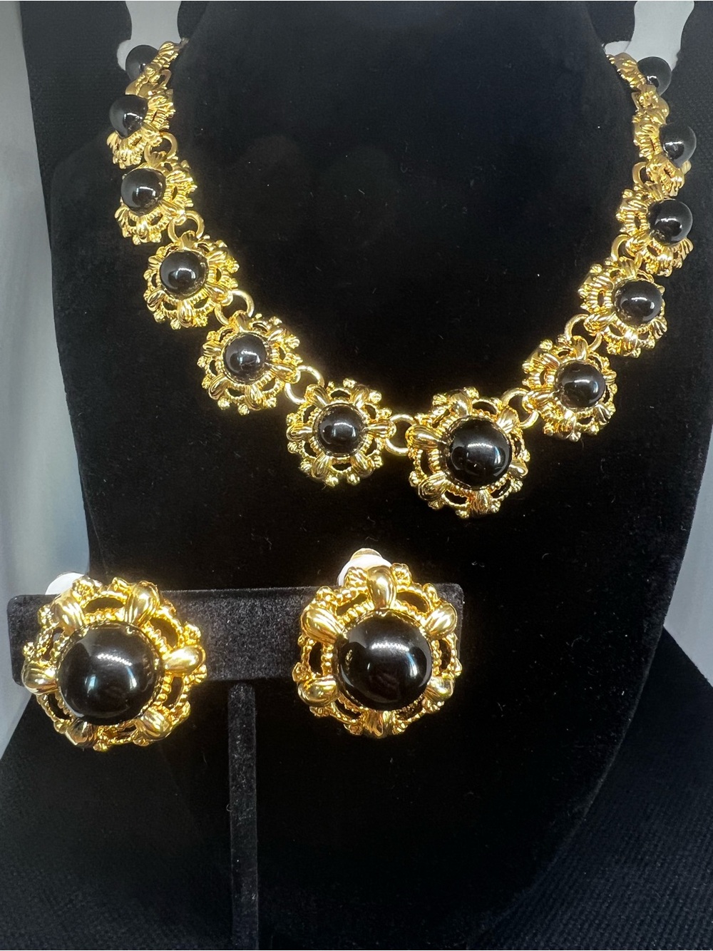 Vintage Gold-Tone Necklace & Earrings Set with Black Cabochon Accents